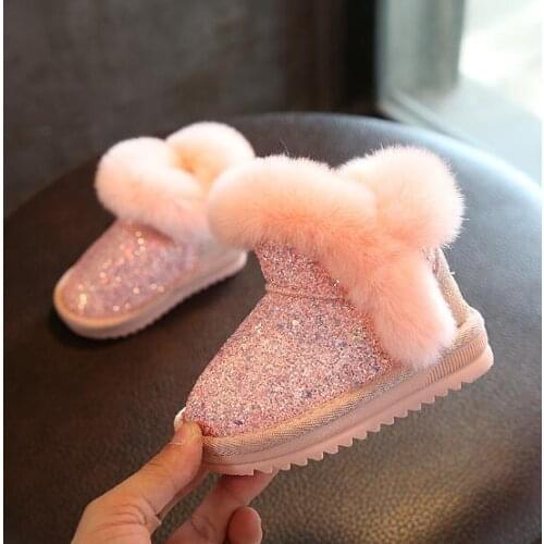 2020 Childrens snow boots girls rabbit fur martin boots baby cotton sport shoes sequins genuine leather princess boots