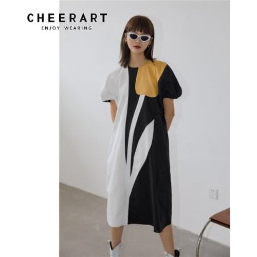 CHEERART Tulip Color Block Straight Long Dress Women Short Sleeve Summer Puff Sleeve Midi Dress Fashion Designer Clothing