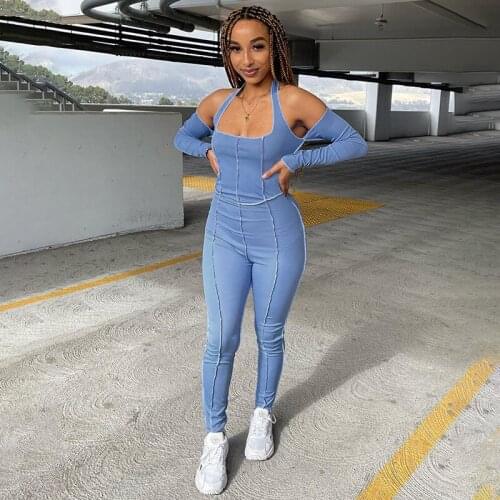 DSMTRC Fall Streetwear Rompers Women 2021 Blue Long Sleeve Halter Backless Jumpsuits Female Fitness Sporty Bodycon Playsuits