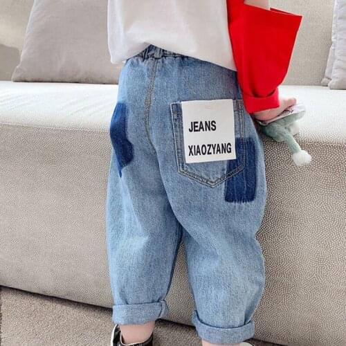 Autumn Spring Baby Boy Jeans Childrens Fashion Patchwork Denim Pants Kids Letter Print Clothing Girls Casual Trousers 1-7 Years