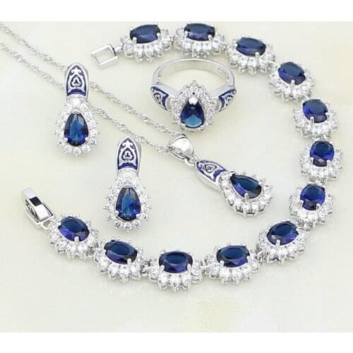 Oil Paint Blue Stones White Zirconia 925 Sterling Silver Jewelry Sets For Women Stud Earrings/Pendant/Necklace/Rings/Bracelets