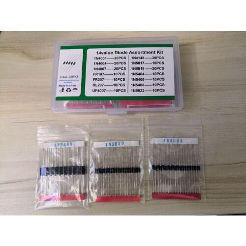 1Box 14Values=200PCS 1N/IN4001/4004/4007/FR107/FR207/RL207/UF4007/1N4148 1N5817/5819/1N5404/1N5406/5408/5822 Rectifier Diode kit