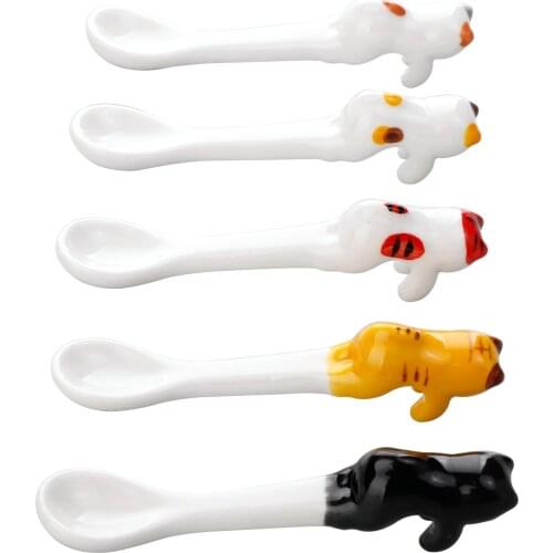 Cat Animal Spoon Coffee Hanging Cartoon Stainless Steel Spoons Cut Lovely Mixing Kitchen And Bar Ceramics Ceramic 5Pcs Teaspoons