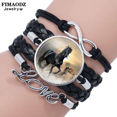 FIMAODZ Hot Fashion Horse Leather Bracelet Infinity Love Animal Picture Glass Gem Black Handmade Wrap Bracelets for Men Women