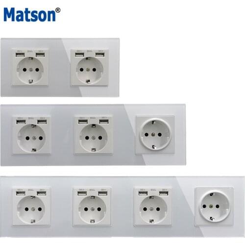 Matson Wall Socket EU Dual USB 2.1A Wall Charger Socket German Bayer Base 110-250V Schuko Plug Multiple Tempered Glass Panel 16A