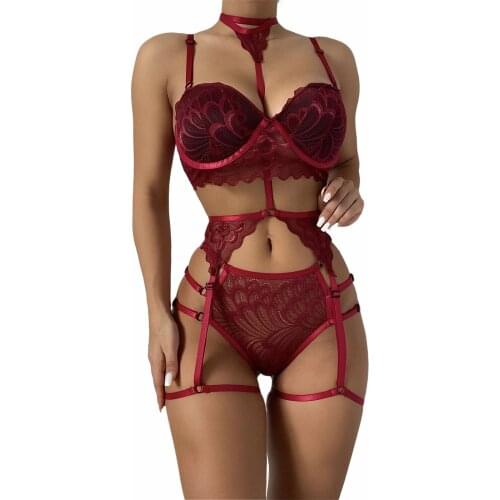 2021 New Three Piece Women’s Adult Sexy Lingerie Set Lace Embroidery Sling Bra and Low Waist Thong with Garter Belt