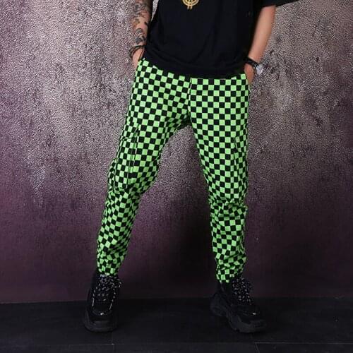 2020 new fashion green square casual pants tooling trousers mens elastic feet pants nightclub hairdresser tide pants