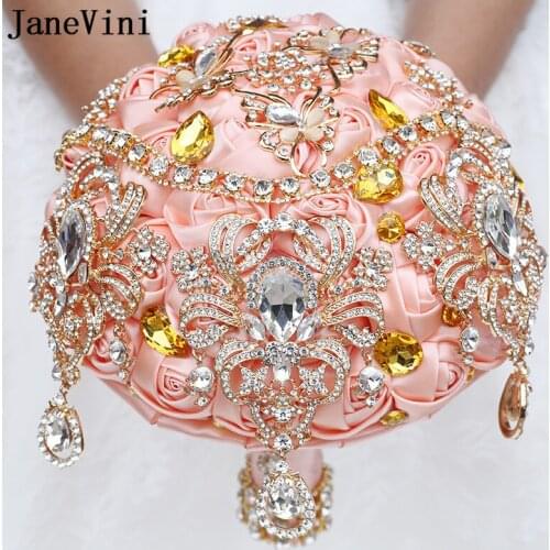 JaneVini New Luxury Crystal Artificial Satin Roses Wedding Bouquets Bling Rhinestone Handmade Bridal Bouquet Flower Accessories