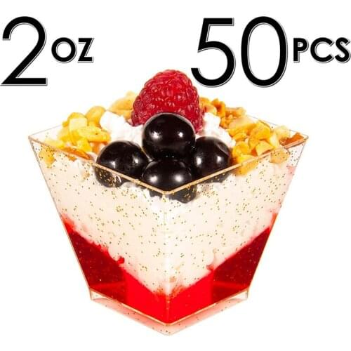 50PCS Disposable Dessert Cups 60ml 2oz Plastic Glitter Trapezoidal Dessert Cups Mini Party Food Jelly Yogurt Mousses Container