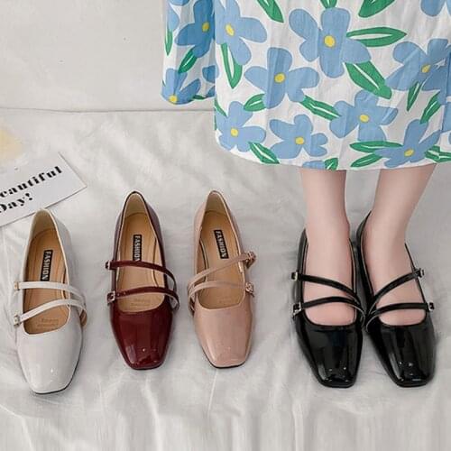 Spring Autumn Women Flats Double Buckle Mary Janes Shoes Patent Leather Boat Shoes Comfortable Square Toe Ladies Shoes 9265N