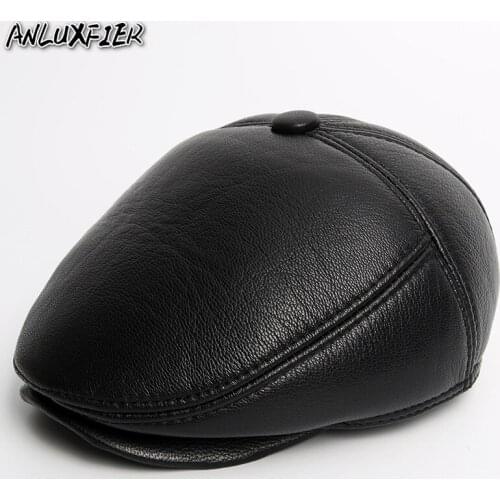 R005 Genuine Leather Hat Winter Warm Natural Skin Beret Sheep Skin Ear Protective Cap Visor Caps Warm Wear
