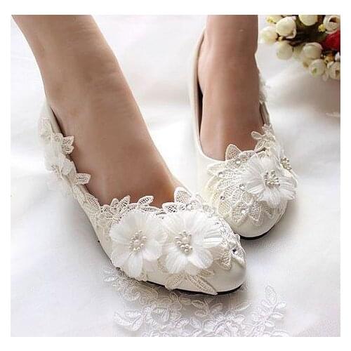 3CM tiny heel sweet lace flower pumps shoes woman handmade designer bridal wedding shoes white for bride bridal