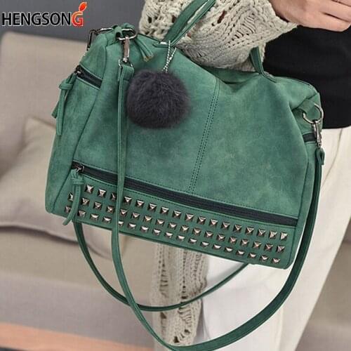 Bolish Vintage Nubuck Leather Female Top-handle Bags Rivet Larger Women Bags Hair Ball Shoulder Bag Motorcycle Messenger Bag