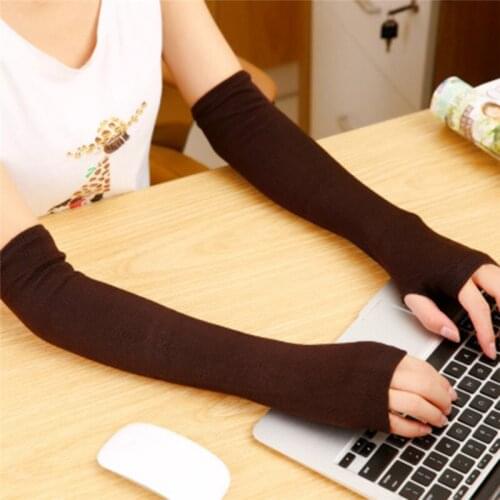 Women Girls Knitted Fingerless Long Gloves Stripes Printed Over Elbow Length Winter Stretchy Arm Warmer Sleeves With Thumb Hole