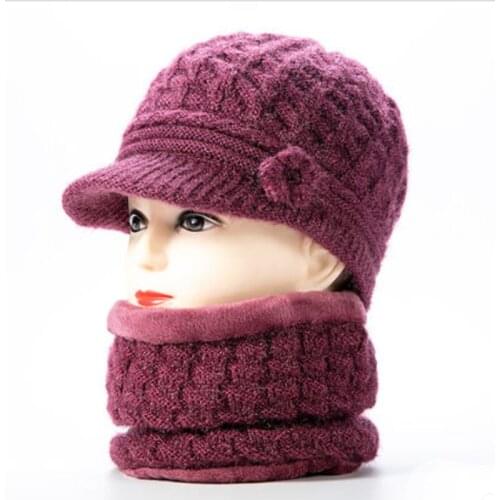 Women Knitted Hats Rabbit Fur Plush Scarf Mother Caps Gorras Skullies Beanies Hats Winter Warm For Female Flower decoration