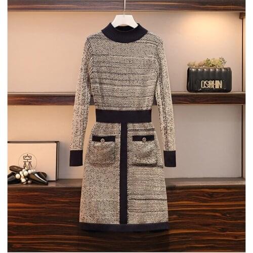 Women Knitted Patchwork Sexy Mini Dress Pocket O Neck Sweater Dresses Autumn Winter Plus Size Lady Clothes Vestidos Mujer 2021