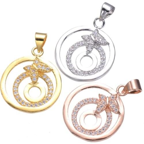 Gold Rose gold Inlaid Zirconia Rhinestone Round Circle with Butterfly Pendants For Women Necklace Making Slide Charm