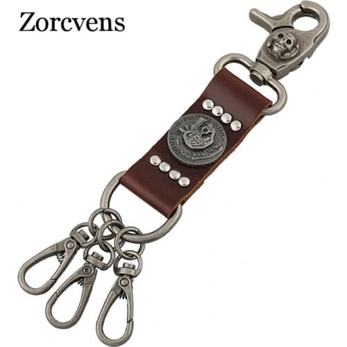 ZORCVENS Punk Love Genuine Leather Skull Keychain For Men luxury Car Keychains for Couples Skeleton Key Chains
