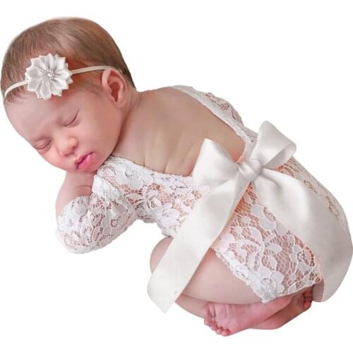 2pcs/set Newborn Baby Girl Lace Romper & Headband Photography Props Outfits Infant Photo Shoot Clothes