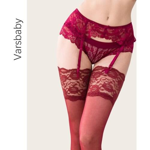 Varsbaby sexy 3 PCS garters+panties+stockings suspender lace garter belt black/cream white/red color S M L XL XXL