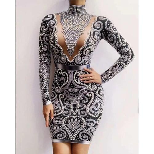 Black Gray Gold Rhinestones Pearls Long Sleeves Dress Sexy Spandex Women Singer Outfit Birthday Celebrate Evening Dress