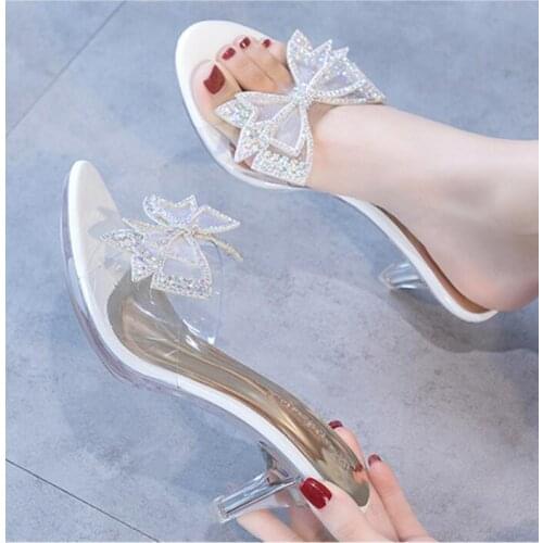 Color Diamond Bow Tie Slippers Womens Stiletto Pump 2020 New Summer Middle High heel Sandals Net Red Crystal Transparent Shoes