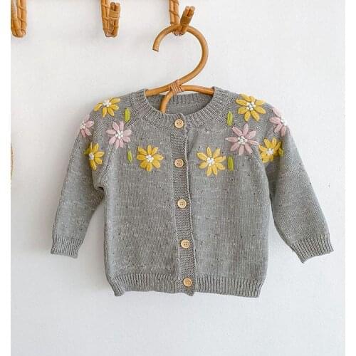 Spring Autumn Baby Girls Coat Kids Girls Childrens Cardigan Coat Baby Girls Embroider Flower Long Sleeve Knit Cardigan Coat