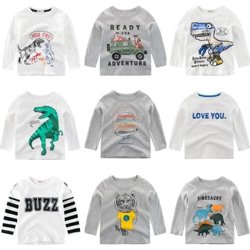 Kids Clothing Long Sleeves Girls Boys Tee Cotton Tops Clothes Cartoon T Shirt White Dinosaur Children Toddler Full Baby