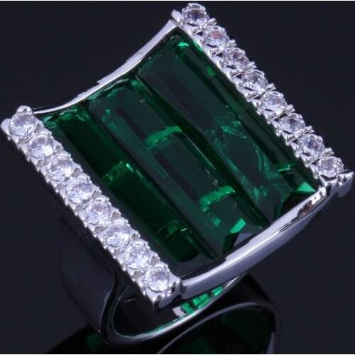 Charismatic Rectangle Green Cubic Zirconia White CZ Silver Plated Ring V1066