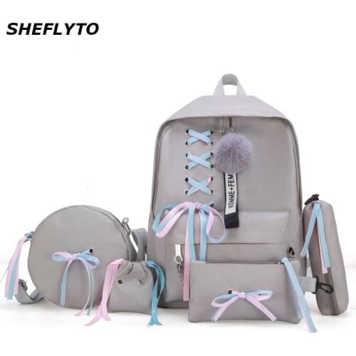 5Pcs/set Women Canvas School Backpacks School Bag For Teenager Girls College Larger Capacity Travel Backpacks Female Book Bags