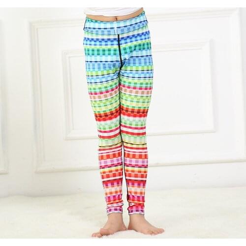 Kids Girls Stitching Color Leggings Cute Rainbow Stripd Digital Printing Cropped Pants Children Elastic Sport Yoga Pants 5-12Y