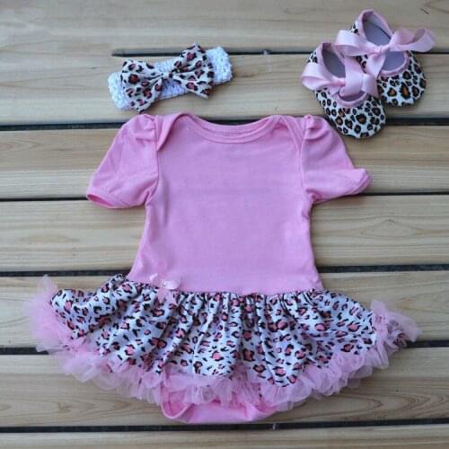 Summer Leopard Zebra baby girls cotton bodysuit tutu skirt +flower headband + shoes 3pcs/set toddler girl kids romper clothing