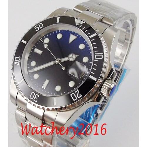 BLIGER NH35 Sterile nologo Self Winding Men Watch MIYOTA Movement Deployment Bracelet Black Blue Dial Sapphire Crystal