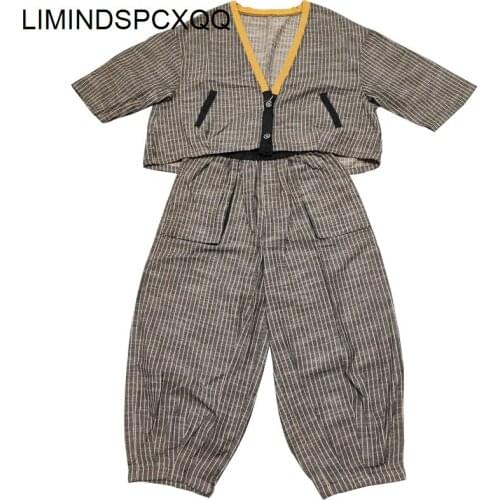 LIMINDSPCXQQ Autumn 2021 British Suits Ladies Striped Casual Two Pieces Sets Women Loose Tops And Elastic Harem Pants Plus Size
