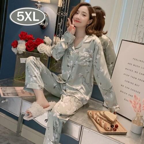 5XL Spring Summer Women Pajamas Sets Womens Silk Nightwear Sets Homewear Silk Satin home clothes Pijama Plus Size Pijama