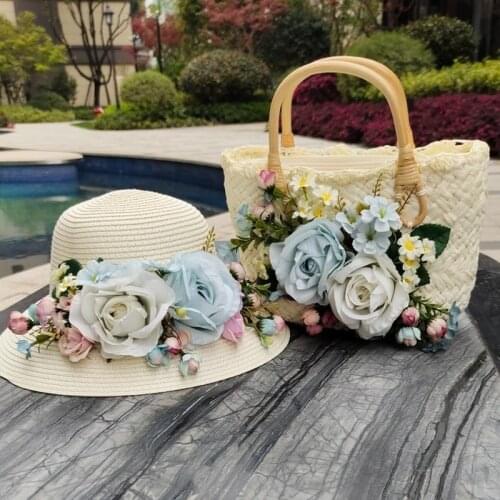 Women Rattan Bags 2021 NEW Luxury Straw Bag Summer Luxury Beach Totes Ladies Handmade Blue Flower Travel Basket with Sun Hat