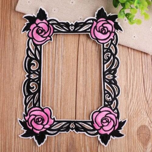 Sew on Photo Frame Patch Jacket Biker Applique Embroidered Rose Flower Patches for Clothes Backpack DIY Stripes Badges Decor