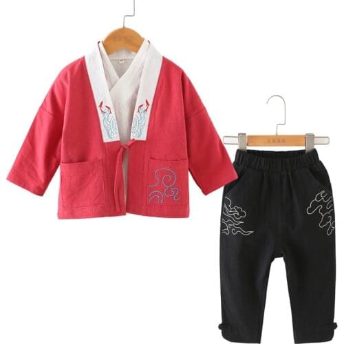 Chinese Style Traditional Autumn Kids Boy Retro Hanfu Tang Suit T-shirt Tops Pants Embroidery Children Cotton Linen Clothing Set