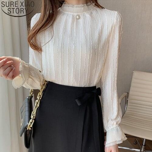2021 New Spring Elegant Printing Long Sleeve Chiffon Blouse Satin Silk Turn-over Collar Women Shirt Tops Chemisier Femme 8193