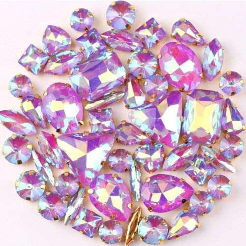 Gold claw setting 50pcs/bag shapes mix jelly candy Purple AB glass crystal sew on rhinestone wedding dress shoes bags diy