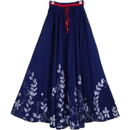 Makuluya Spring Autumn Summer New NavyBlue Women Cotton Linen Vintage Casual Ancient Printed Pattern All-Match Long Skirts BHL6