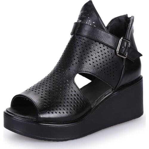 2021 New High Quality Pu Fish Mouth Summer Women Sandals Platform Increase Shoes Woman Wedges Sandals Black Shoes Size 33-42