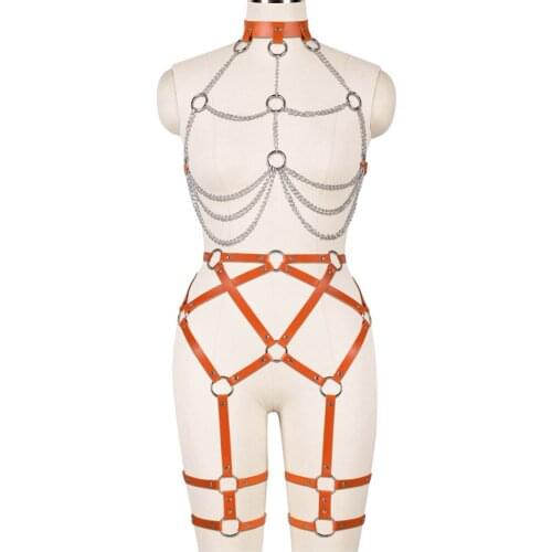 Fetish Punk Leather Harness Chest Bondage Cage Bra Sexy Black Gothic Metal Chain Hollow Bra Adjust Lingerie Halloween Cranival