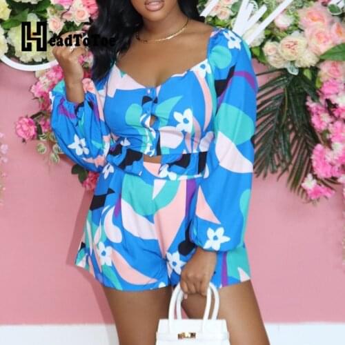 Chic Print Long Sleeve Buttoned Crop Tops & Shorts Set Women Two Pieces Set