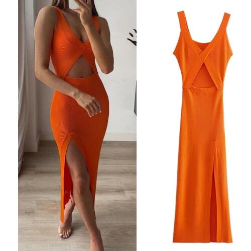 WESAY JESI Za Womens Fashion Simple Elastic Tight V-neck Hollow Sexy Sleeveless Dress 2021 Summer New Chic Street Party Dress