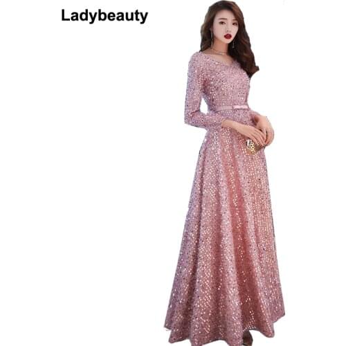 Ladybeauty 2019 New Simple Sequins Evening Dress Dark pink Long sleeve Floor-length with Belt Long Formal Party Gowns