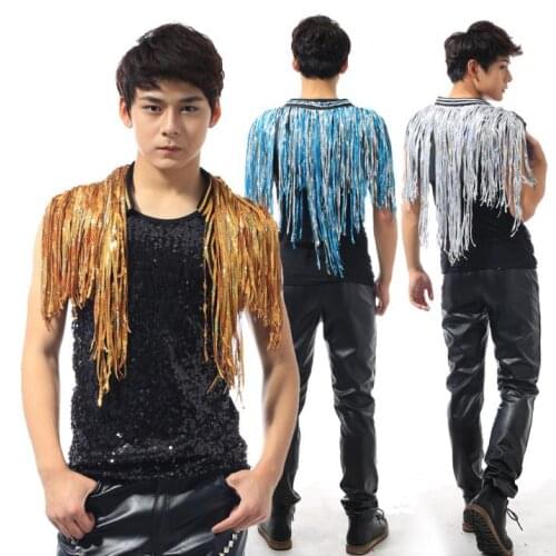 Tassel paillete vest men punk rock costumes singer dance stage Summer personality slim clothes fashion street european 2020