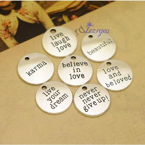 30pcs--20mm Round Letter Charms, Antique silver Plated words Pendants/Charms, Metal Bracelet Necklace Jewelry Finding