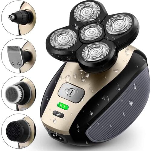 5 In 1 4D Mens Rechargeable Bald Head Electric Shaver 5 Floating Heads Beard Nose Ear Hair Trimmer Razor Clipper Facial Brush
