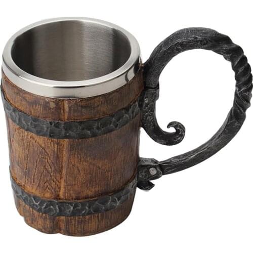 550ml Retro Simulation Wooden Barrel Double Layer Stainless Steel Beer Cup Coffee Mug 304 Stainless Steel Resin Double Layer Cup